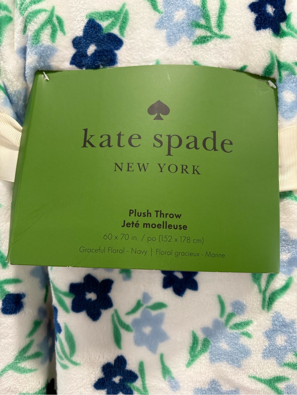 NEW kate spade floral plush throw - blue & green on white
